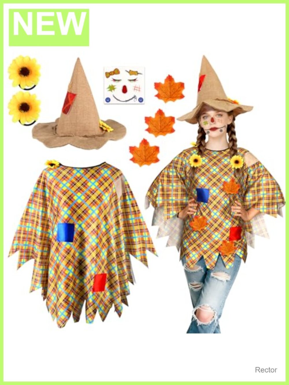 Scarecrow Costume Set with Hat Poncho Face Decals Sunflower